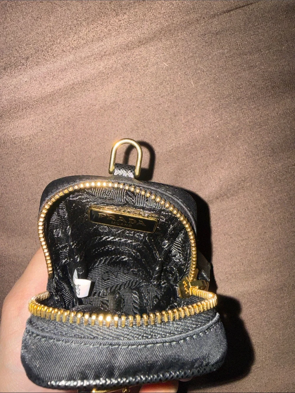 Prada Black Nylon Mini Zip Case with Gold Triangle Logo